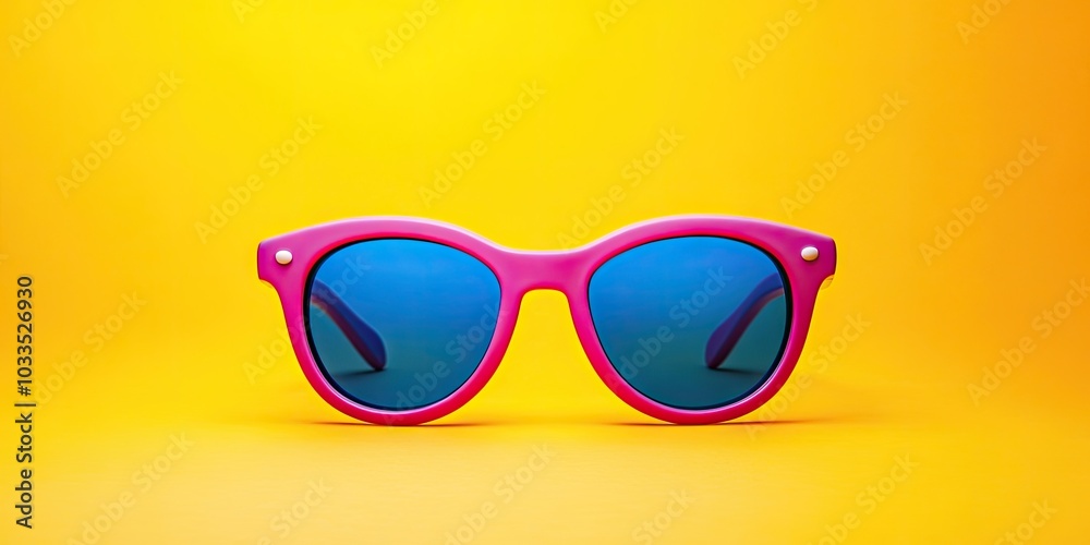Colorful children's sunglasses isolated on a yellow background. Concept of sun protection for summer and vacation. Front view with copyspace. Studio shot. Colorful children's sunglasses isolated on a yellow background. Concept of sun protection for summer and vacation. Front view with copyspace. Studio shot.