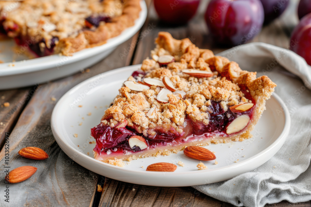 A slice of fruit crumble tart with a buttery crust, topped with almonds and oats, served on a white plate.
