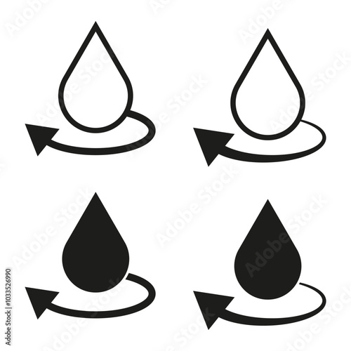 Four black water drop icons with arrows, symbolizing recycling and water conservation. Simple minimalist design for eco concepts.