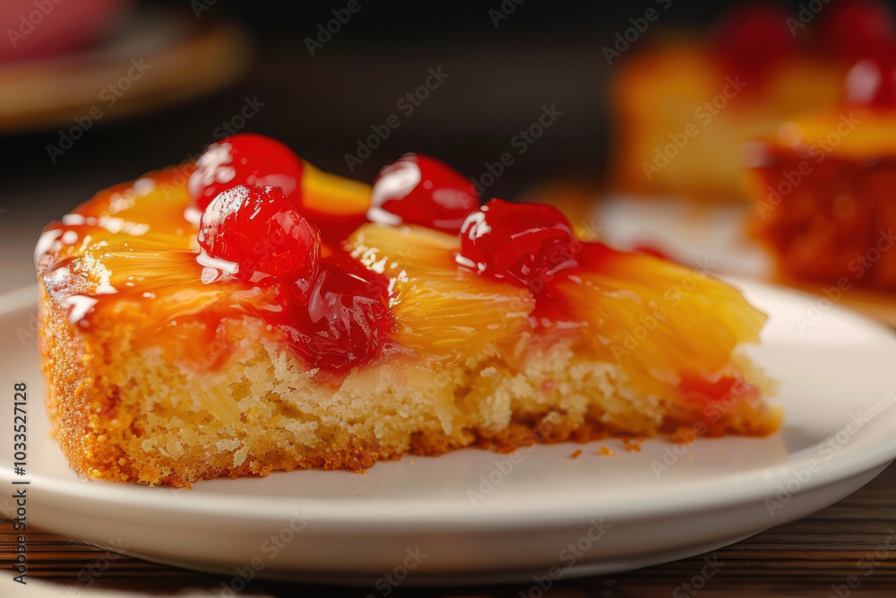 A slice of pineapple upside-down cake topped with glazed cherries, showcasing a moist and flavorful texture. A slice of pineapple upside-down cake topped with glazed cherries, showcasing a moist and flavorful texture.