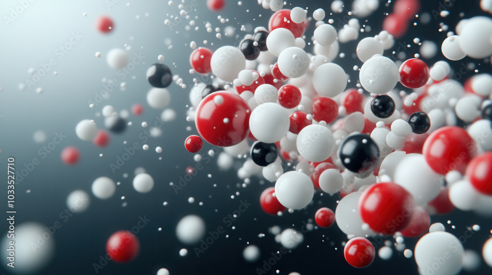 Close up of colorful molecular structures representing chemical reactions, showcasing red, white, and black spheres in dynamic arrangement. image captures essence of scientific exploration and Close up of colorful molecular structures representing chemical reactions, showcasing red, white, and black spheres in dynamic arrangement. image captures essence of scientific exploration and