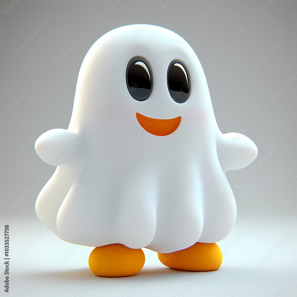Cute smiling ghost figurine on a gray background. Happy Halloween concept Cute smiling ghost figurine on a gray background. Happy Halloween concept