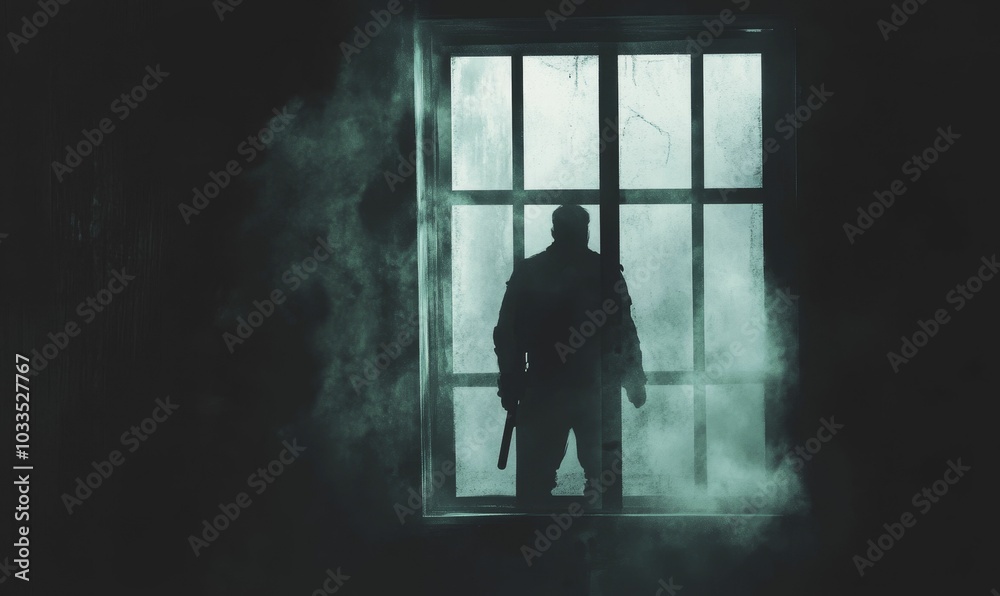 Silhouette of man in a window with smoke. Silhouette of man in a window with smoke.