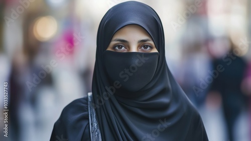 Muslim woman in black hijab, focused gaze, urban background, blurred crowd