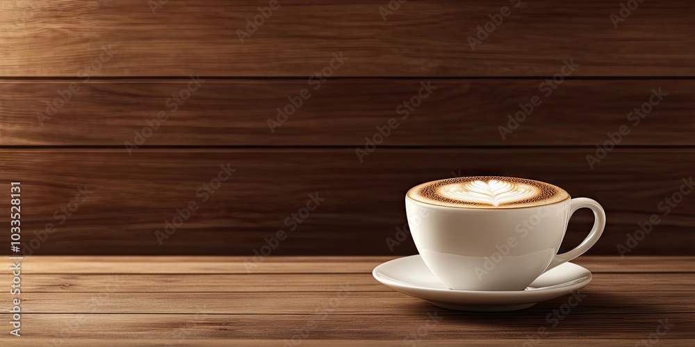 A lovely cup of cappuccino featuring latte art set against a wooden background. A cozy coffee shop atmosphere. Simple composition. Side view, copyspace for your text.