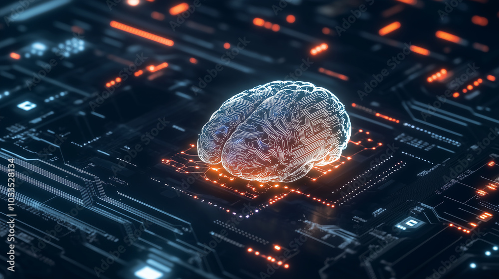 Fototapeta premium A glowing brain with neural pathways transforming into digital circuits, connected to a central processor, representing the merger of human cognition and AI data processing capabil