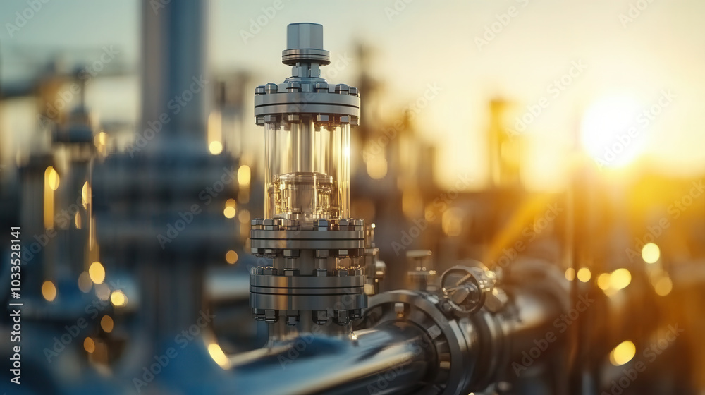 Close up of refinery pipes with hot steam rising, showcasing intricate details and warm sunset glow. scene captures industrial beauty and energy of fuel processing