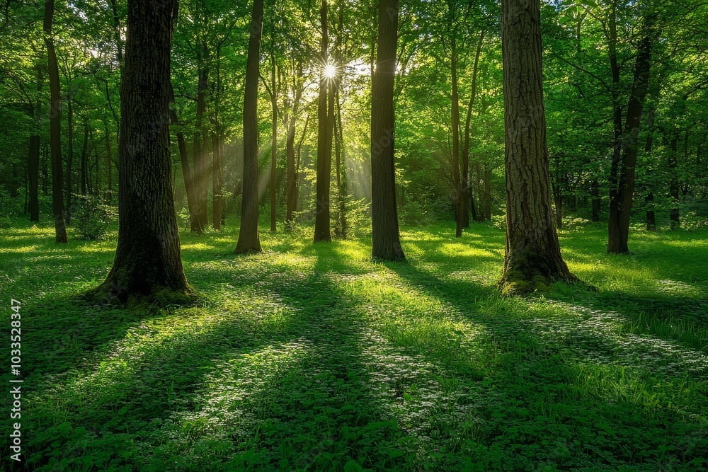Sunlight streams through the trees in a lush green forest, casting long shadows on the forest floor. Sunlight streams through the trees in a lush green forest, casting long shadows on the forest floor.