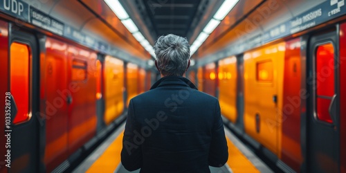 A professional businessman waiting for the subway, embodying the hustle and bustle of city life. This image reflects the modern urban lifestyle and the daily commute of professionals.