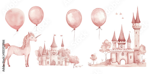 Set of watercolor cute unicorns, fairy tale princess castle, and hot air balloons isolated on a white background.