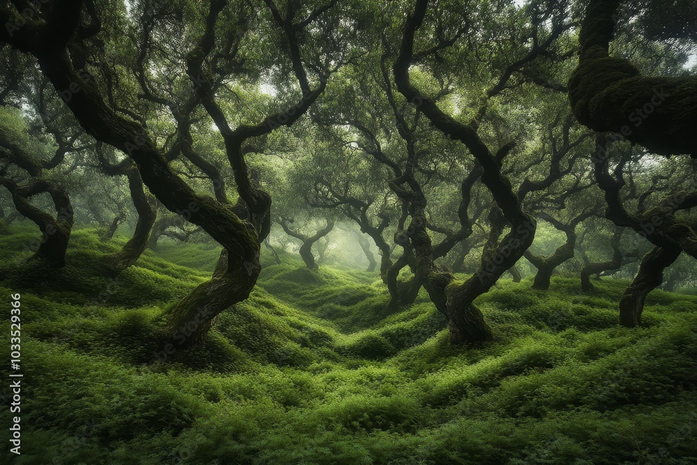 A mystical forest with twisted trees and lush green grass, shrouded in fog, creates an ethereal and enchanting atmosphere. A mystical forest with twisted trees and lush green grass, shrouded in fog, creates an ethereal and enchanting atmosphere.