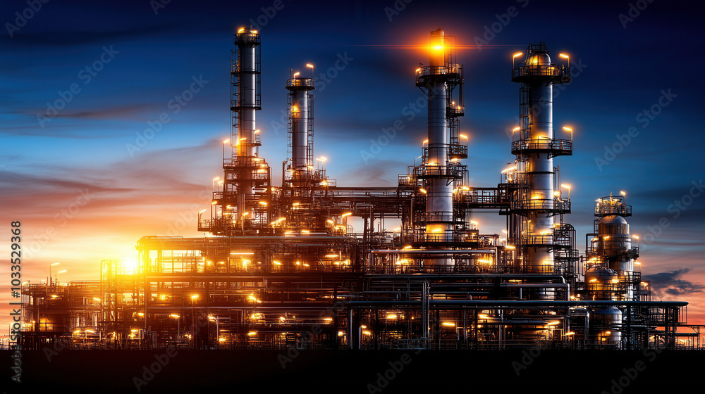 Oil refinery plant at sunset with glowing lights, showcasing massive industrial structures against vibrant sky. scene captures beauty of technology and nature harmoniously Oil refinery plant at sunset with glowing lights, showcasing massive industrial structures against vibrant sky. scene captures beauty of technology and nature harmoniously