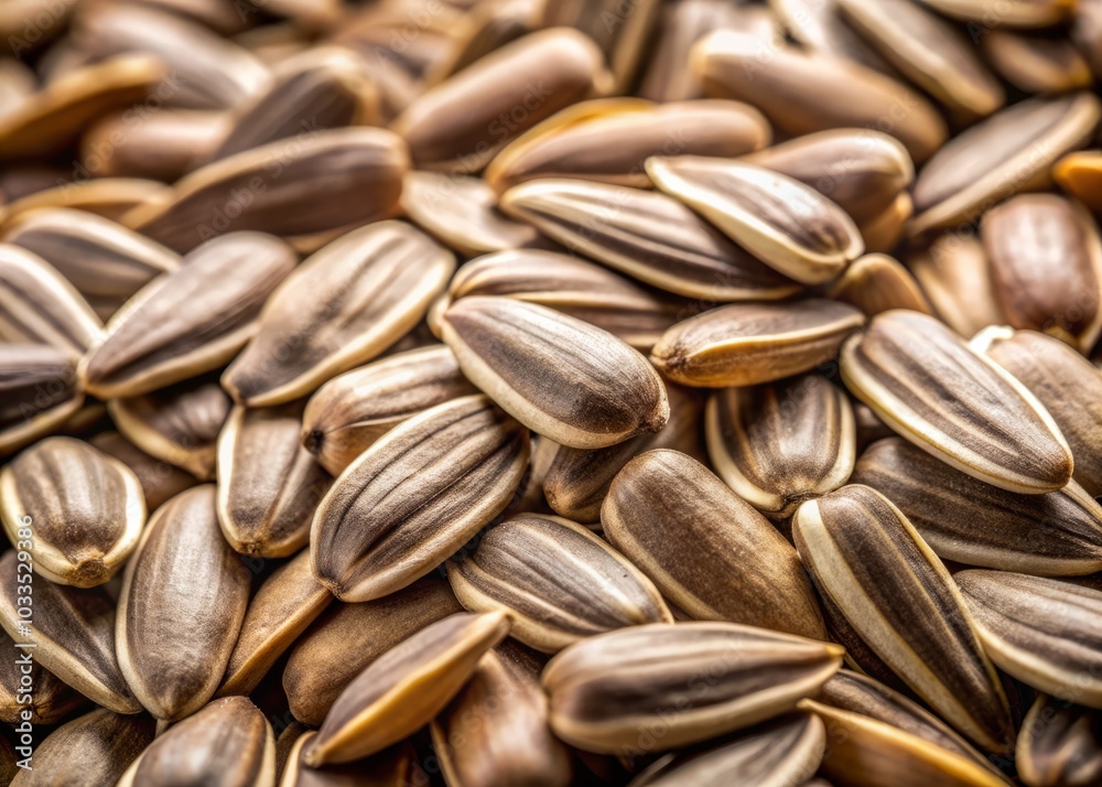 Close-Up View of Sunflower Seeds, Capturing Their Oval Shape and Light Brown Color with High Depth of Field for Food Photography and Culinary Usage Close-Up View of Sunflower Seeds, Capturing Their Oval Shape and Light Brown Color with High Depth of Field for Food Photography and Culinary Usage