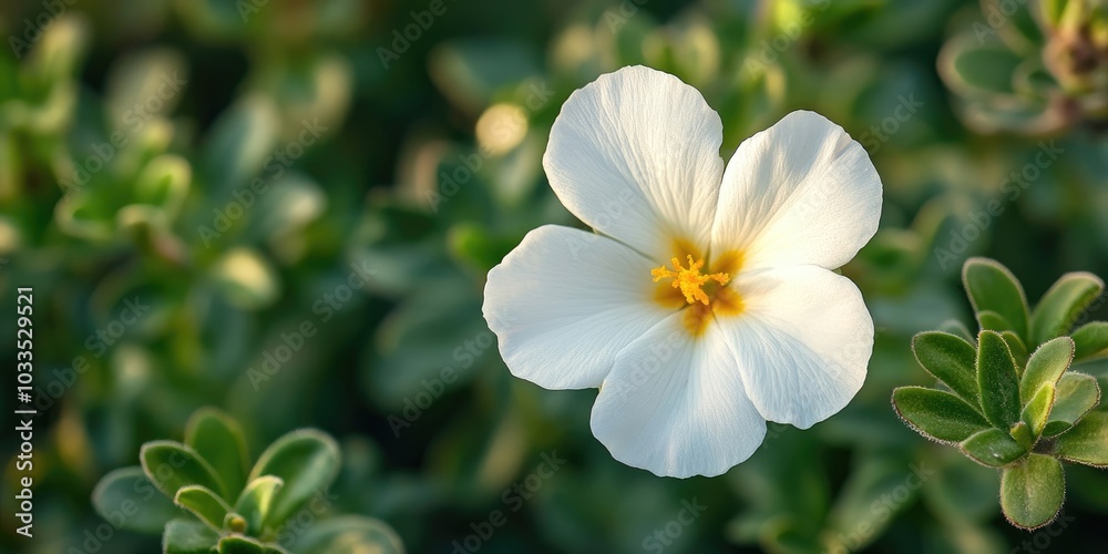 Fototapeta premium Top view of white moss rose or Mexican rose in a garden background, portulaca grandiflora, soft focus on the popular flower known as eleven o'clock, purslane, sun or rock rose with copy space.