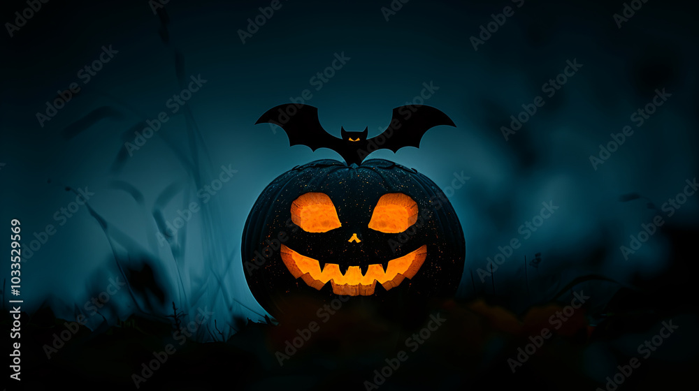 Minimalist Halloween Party Invitation with Pumpkin and Bat Silhouette on Dark Background Minimalist Halloween Party Invitation with Pumpkin and Bat Silhouette on Dark Background