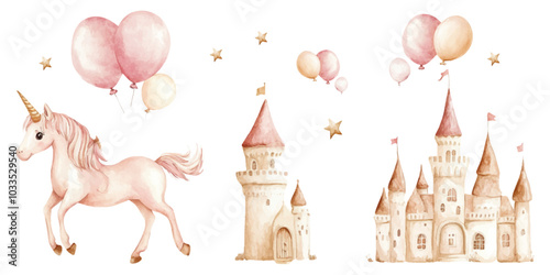 Set of watercolor cute unicorns, fairy tale princess castle, and hot air balloons isolated on a white background.