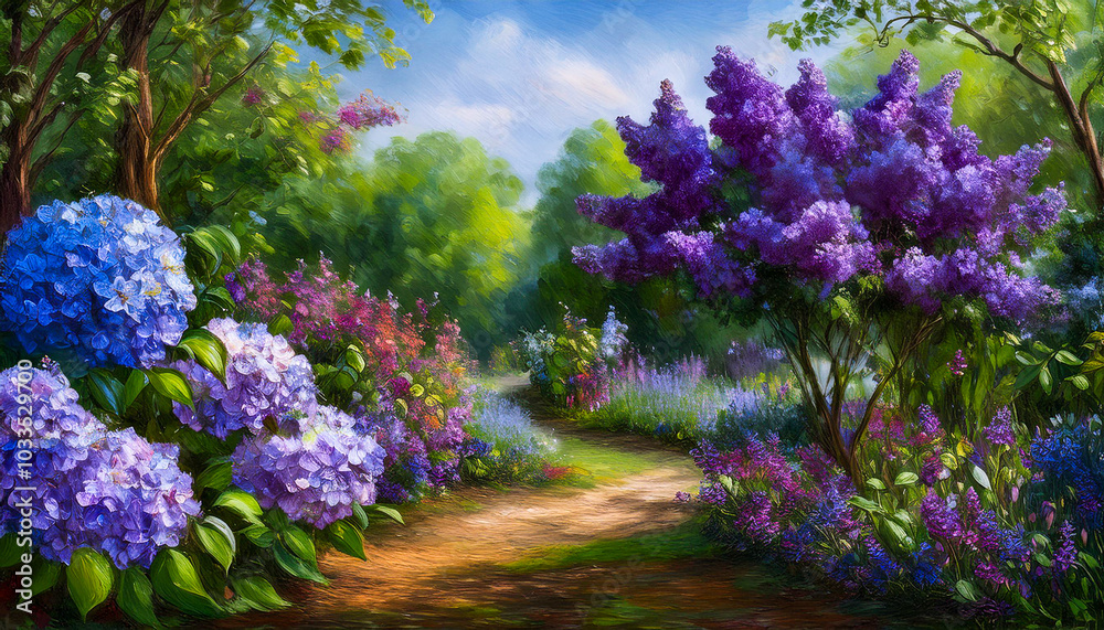 Obraz premium Lilacs and Hydrangeas Flanking Rustic Dirt Path, oil painting, rural, countryside, dreamscape, idyllic, story book