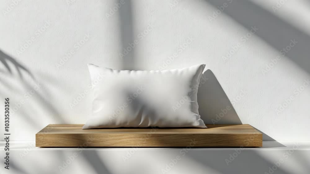 A white pillow sits on a wooden shelf against a white wall with shadows from sunlight