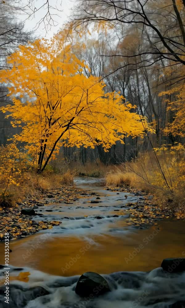 A tree with yellow leaves is in the middle of a stream. The water is calm and the leaves are falling from the tree. The scene is peaceful and serene