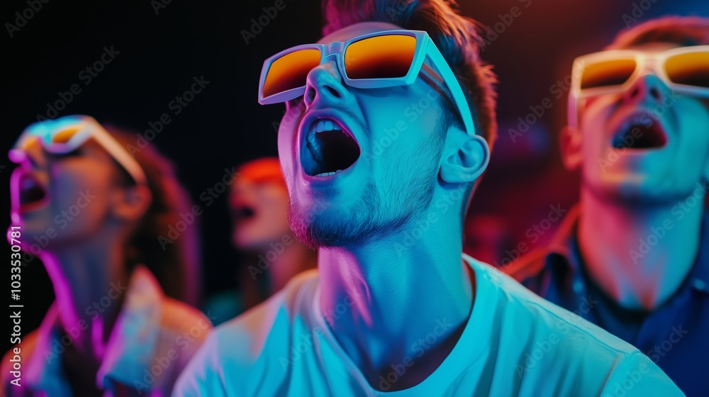 Fototapeta premium Youthful crowd enjoying a vibrant music festival at night while wearing bright sunglasses