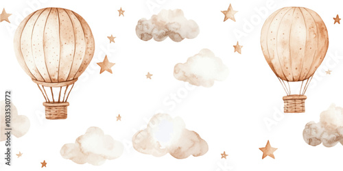 Watercolor hot air balloons, clouds, and stars in neutral colors on a white background