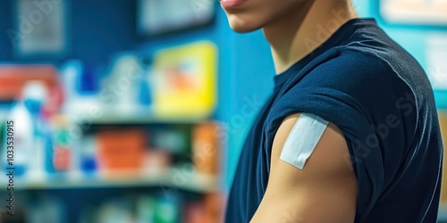 Adhesive bandage on a young man's arm following a vaccine injection. Medical, pharmacy, and healthcare concept. photo