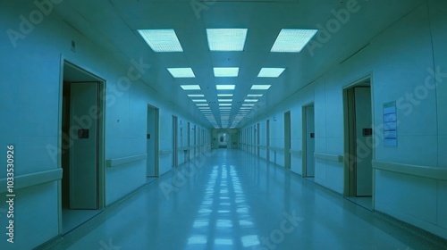 A long, sterile hospital corridor with closed doors and bright lights.