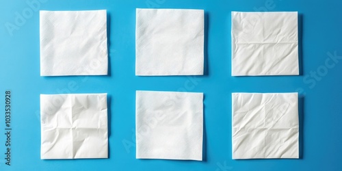 White square bar napkin isolated on a blue background. Blank paper napkin on blue with copy space. White napkin against a blue backdrop, various views of white napkins, blank mockup files.