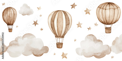 Watercolor hot air balloons, clouds, and stars in neutral colors on a white background