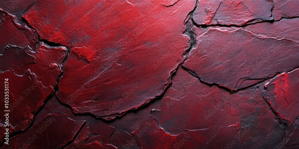 Fototapeta premium Abstract red slate background, copyspace. Dark red slate stone texture, text area. Dark grunge stone surface banner, grunge background for Christmas or sales.