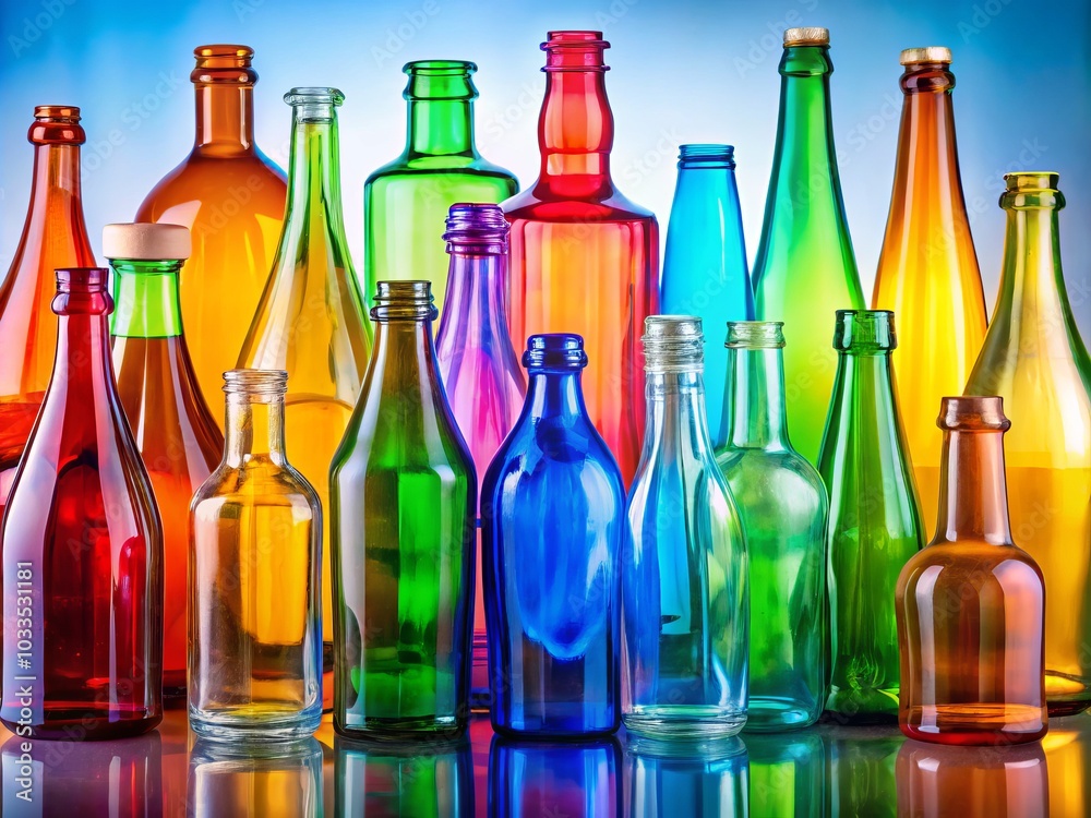 Colorful Glass Bottles in a Row on a Light Background - Recycled Material Concept for Eco-friendly Living and Sustainability, Vibrant Design for Stock Photography Colorful Glass Bottles in a Row on a Light Background - Recycled Material Concept for Eco-friendly Living and Sustainability, Vibrant Design for Stock Photography