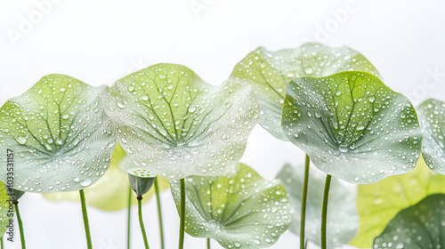 green lotus leaves with water droplets, close-up of natural foliage, detailed lotus leaf veins and dewdrops, fresh nature background for eco-friendly designs and botanical-themed artwork