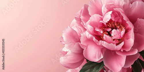 Peony close-up, gentle floral backdrop with copy space.