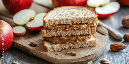 Wallpaper Mural Board of delicious sandwiches with nut butter and apples on a light wooden surface, closeup. Torontodigital.ca