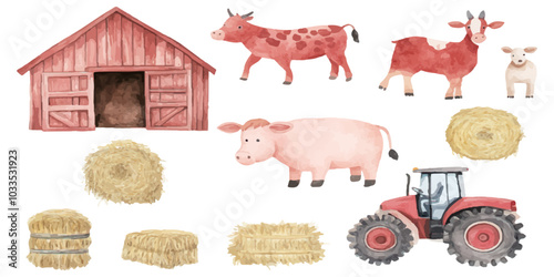 A watercolor clip art set of cute farm animals on a white background.