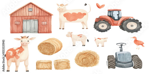 A watercolor clip art set of cute farm animals on a white background.