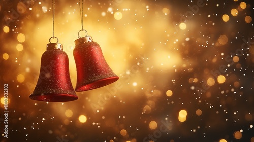 Two red bells hanging from a string in the snow. The snow is falling and the bells are shining brightly photo