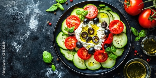 Greek salad featuring fresh cucumber, tomato, burrata cheese, and black olives drizzled with olive oil. Healthy food. Top view, flat lay.