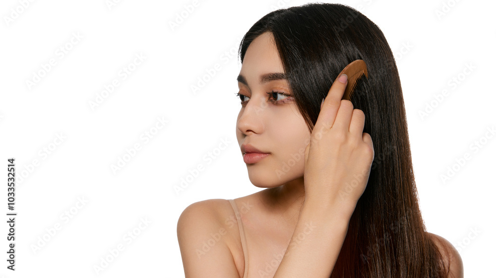 Fototapeta premium Young Korean girl taking care after her hair, using wooden hair brush, combing hair isolated on white background. Concept of natural beauty, skincare, cosmetics and cosmetology