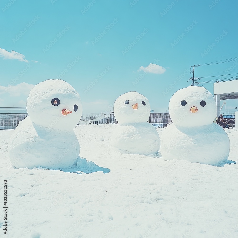 Three cheerful snowmen in a snowy landscape under a bright blue sky. Three cheerful snowmen in a snowy landscape under a bright blue sky.