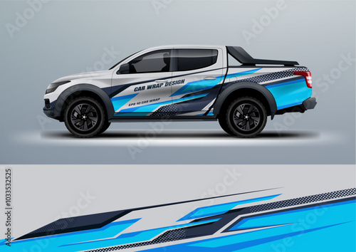 sporty car truck double cabin branding sport rally dakar touch of blue, mockup with racing wrap decal or livery design.