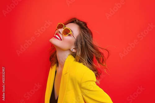 Full size profile photo of funny lady dance wear eyewear yellow suit isolated on vivid red color background