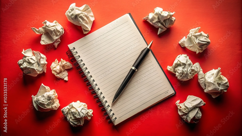 Conceptual Photography of Pen, Crumpled Paper, and Notebook for Screenwriting, Movie Script Writing, Creative Block, Professional Writer Workspace on Red Background Conceptual Photography of Pen, Crumpled Paper, and Notebook for Screenwriting, Movie Script Writing, Creative Block, Professional Writer Workspace on Red Background