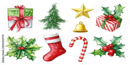 Christmas elements set with watercolor clip art on a white background