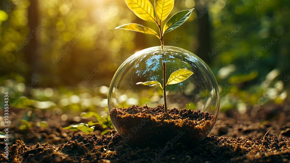 A small plant grows inside a glass orb on a bed of soil in a forest A small plant grows inside a glass orb on a bed of soil in a forest