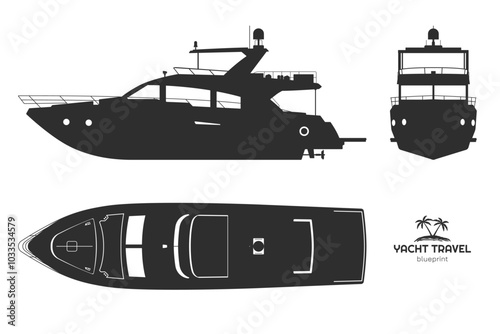 Isolated yacht drawing. Side, front and top views of private ship. Modern boat black silhouette. Cruise motorboat art