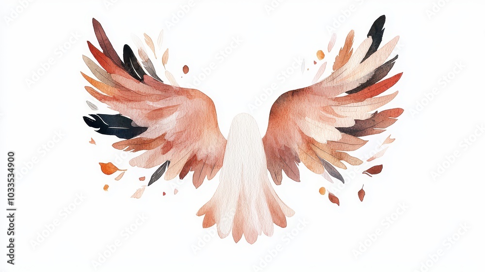 Obraz premium A beautiful watercolor illustration of angel wings, showcasing soft colors and artistic splashes set against a white background.