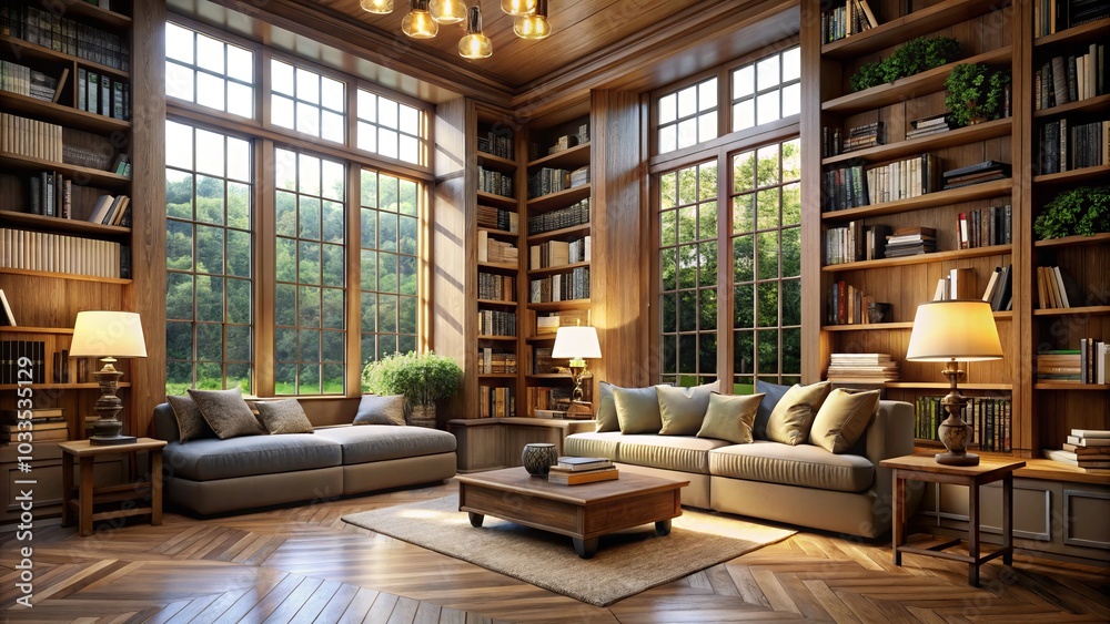 Cozy Inviting Library Interior with Warm Lighting and Comfortable Reading Nooks for Relaxation and Study Cozy Inviting Library Interior with Warm Lighting and Comfortable Reading Nooks for Relaxation and Study