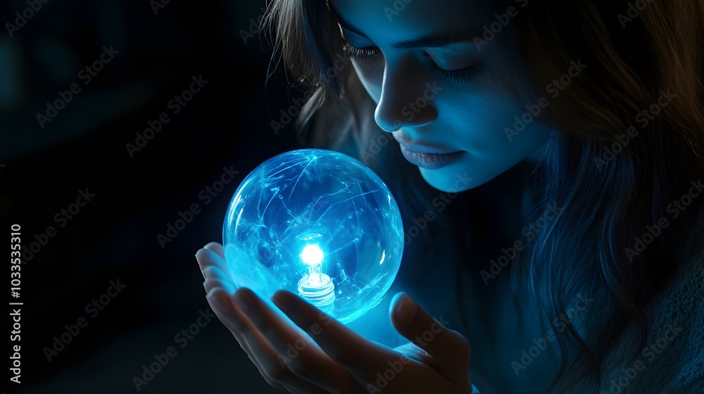 Naklejka premium Woman Holding a Glowing Blue Orb with a Light Bulb Inside