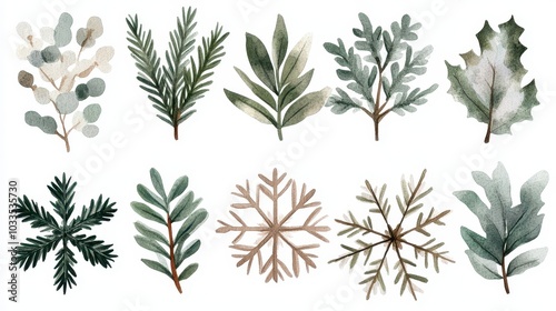 A collection of hand-painted leaves and snowflakes in various shades of green and white, perfect for winter-themed designs.